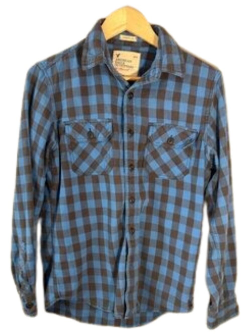 American Eagle Blue Black Flannel Shirt Small Athletic Fit Button Down